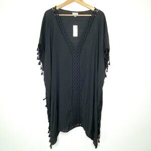 NWT Avenue Black Tassel Trim Crochet Caftan Kimono Cover Up Plus Size 22/24